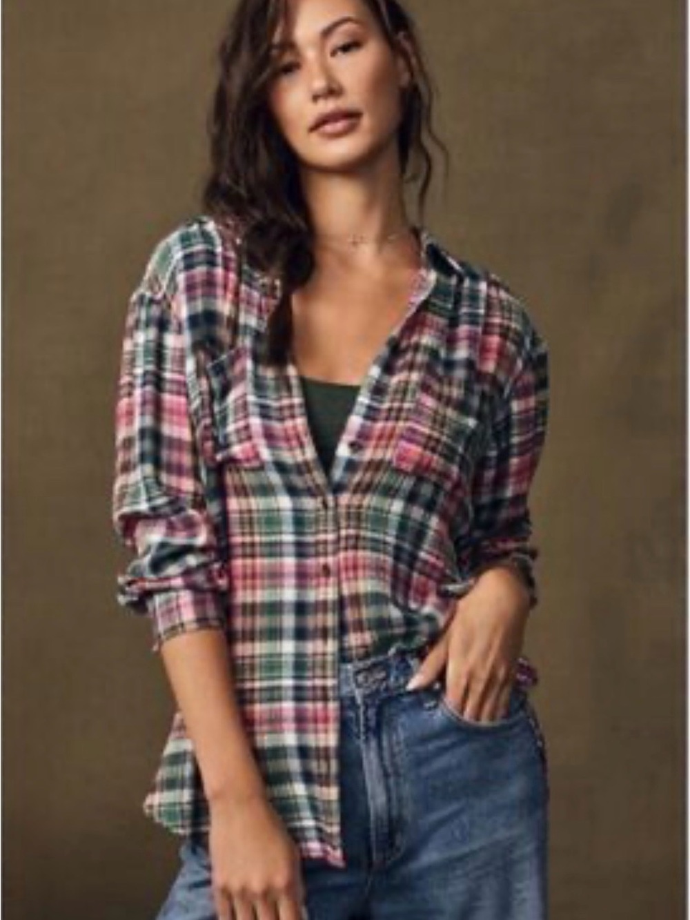 Pilcro Plaid Button-Down Shirt in Pink and Green